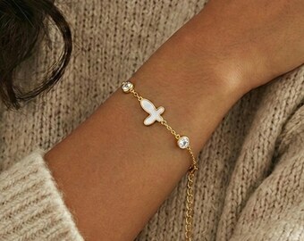 Parelmoer vlinderarmband, gouden verstelbare schakelarmband, delicate kristallen accentsieraden