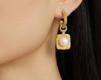 24-karaats gouden vermeil gehamerde pareldruppeloorbellen, getextureerde hoepelsieraden