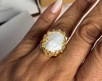 Dikke gouden barokke parelring, verstelbare statementring