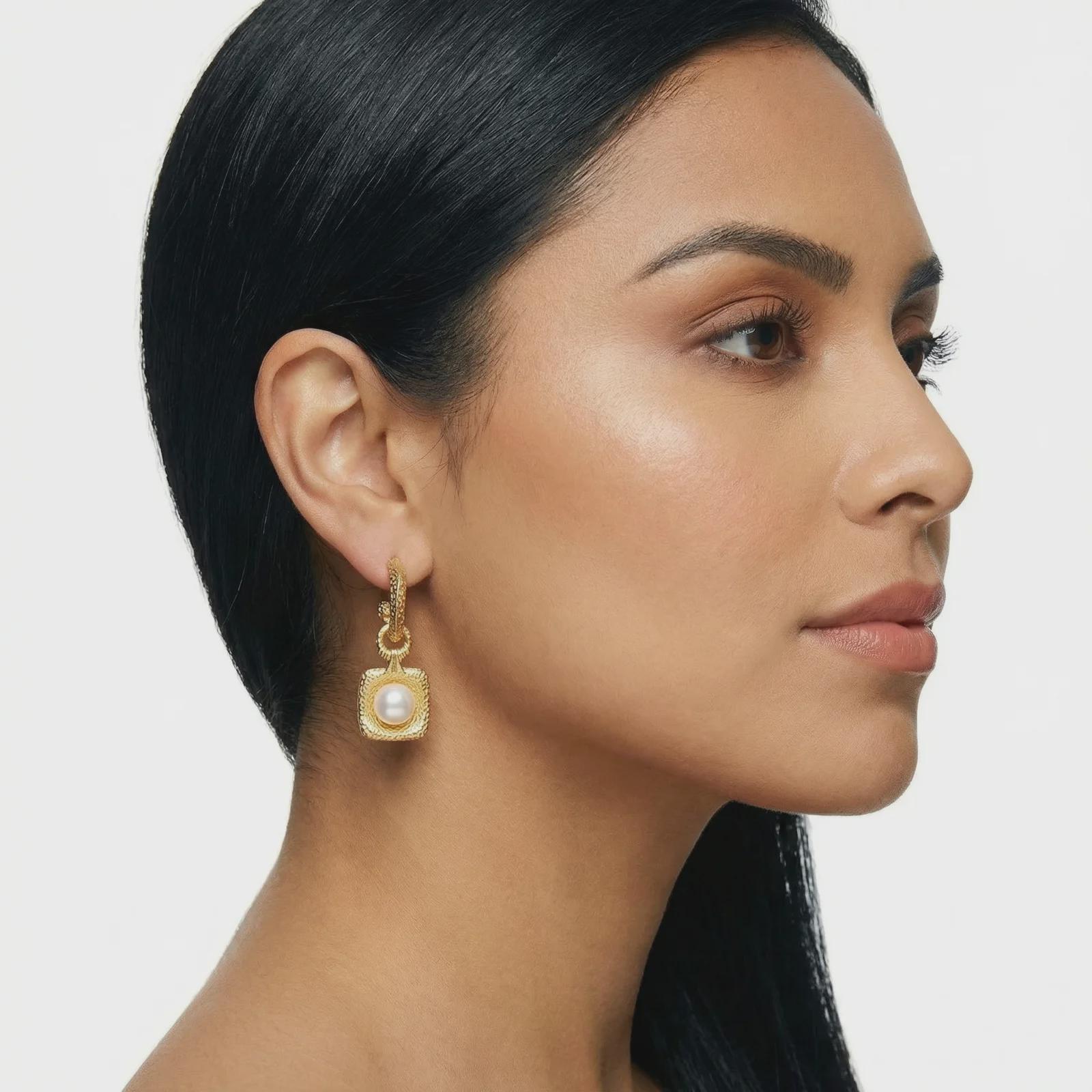 24K Gold Vermeil Hammered Pearl Drop Earrings, Textured Hoop 
