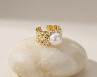 Ring met getextureerde gouden parel, gehamerde statementband, 14K vergulde verstelbare sieraden