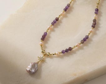 Barokke parel amethist sterketting, 14K gouden hanger met hemelse statement