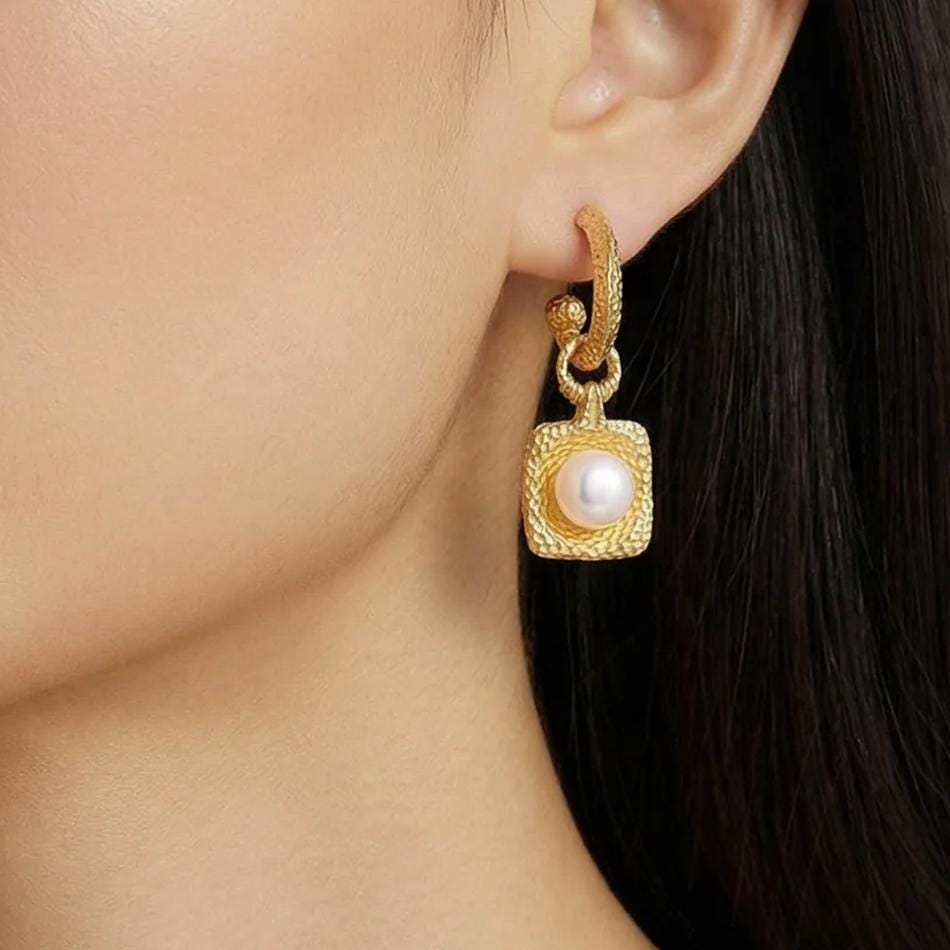 24K Gold Vermeil Hammered Pearl Drop Earrings, Textured Hoop