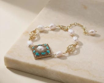 Op mozaïek geïnspireerde armband, barokke parels en edelsteen,