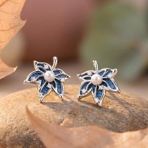 Maple Denim Earrings | White Gold & Real Denim Leaf Studs