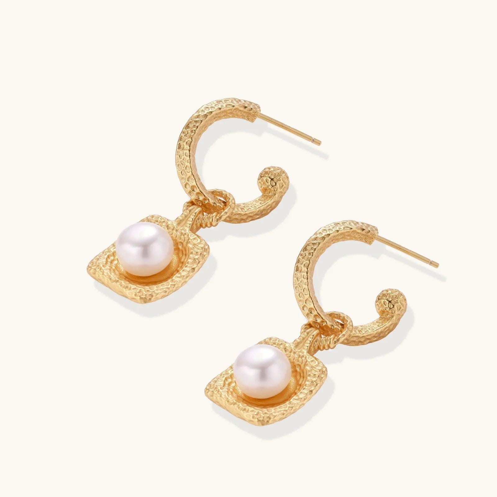24K Gold Vermeil Hammered Pearl Drop Earrings, Textured Hoop