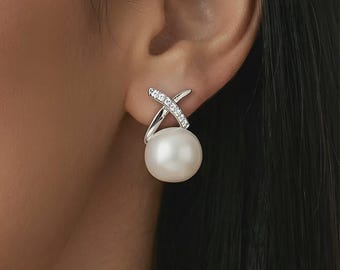 Architectonische parelstekers, sterlingzilver gekruist ontwerp, moderne geometrische oorbellen