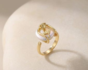 Gouden parelring, statementring bloemen, verstelbare sculpturale sieraden