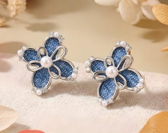 Denim Flower Stud Earrings | Pearl & Zirconia Floral Jewelry, Blue Jean Jewelry