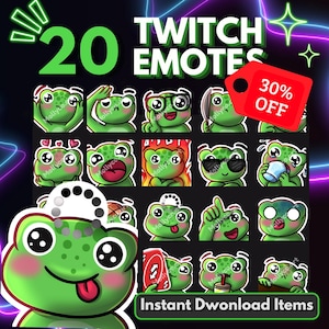 Puede incluir: Una colección digital de 20 emoticonos de rana verde para Twitch con diversas expresiones y acciones, incluyendo una etiqueta roja de 30% off, un icono de carga y el texto 20 TWITCH EMOTES e Instant Download Items sobre fondo oscuro.