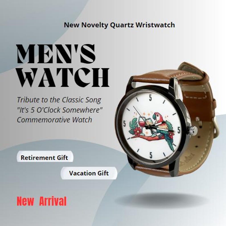 Unique Men's Watch - 5 O'Clock Somewhere Quartz Wristwatch, Ideal Father's Day Gift, Retirement Keepsake image 6