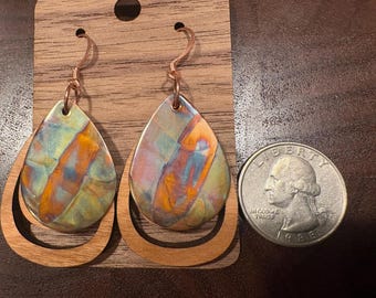 Flame Patina Copper and Wood Boho Earrings