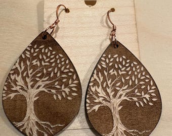 Wood Tree of Life Earrings with Copper Accents