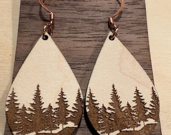 Wood Pine Tree Earrings with Copper Accents