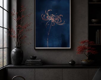 May include: A framed wall art print featuring a single, delicate copper-colored spider lily illustration centered against a deep navy blue background. The artwork is enclosed in a thin, dark frame, showcasing fine, flowing lines of the flower petals.