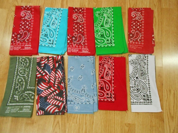 Vtg Antique USA Lot of 10 Mixed Colors PAISLEY Prints  Cotton Biker Old School Bandana's Kerchief Hanky 20"