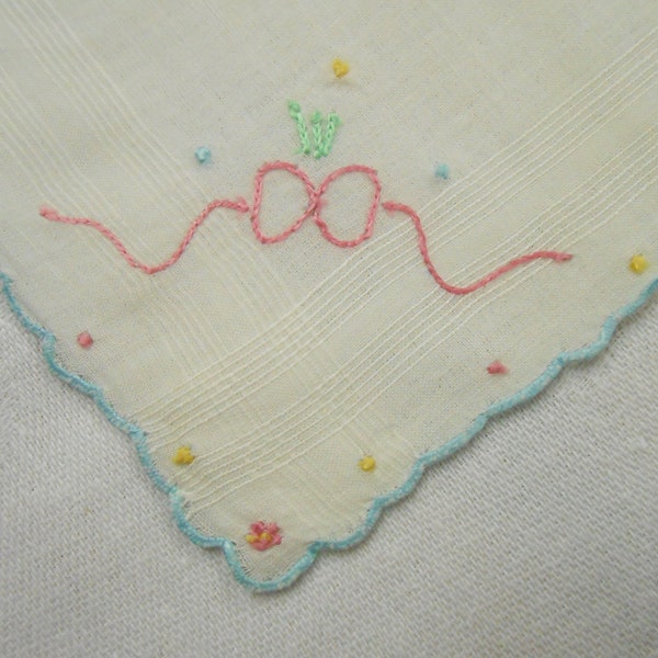 Vtg antique DAINTY PINK BOW Hand Embroidered Ladies womens Linen handkerchief hanky