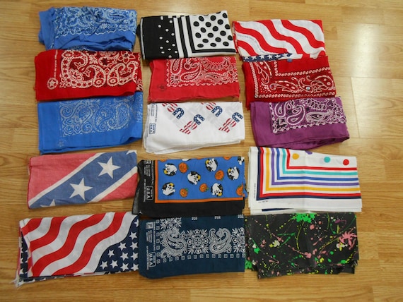 Vtg Antique USA Lot of 15 Mixed Colors & Prints Cotton Biker Old School Bandana's Kerchief Hanky 20"
