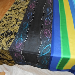 Vtg lot of 3 Scarves Black Gold blue Yellow green Lavender long rectangle Neck Scarf