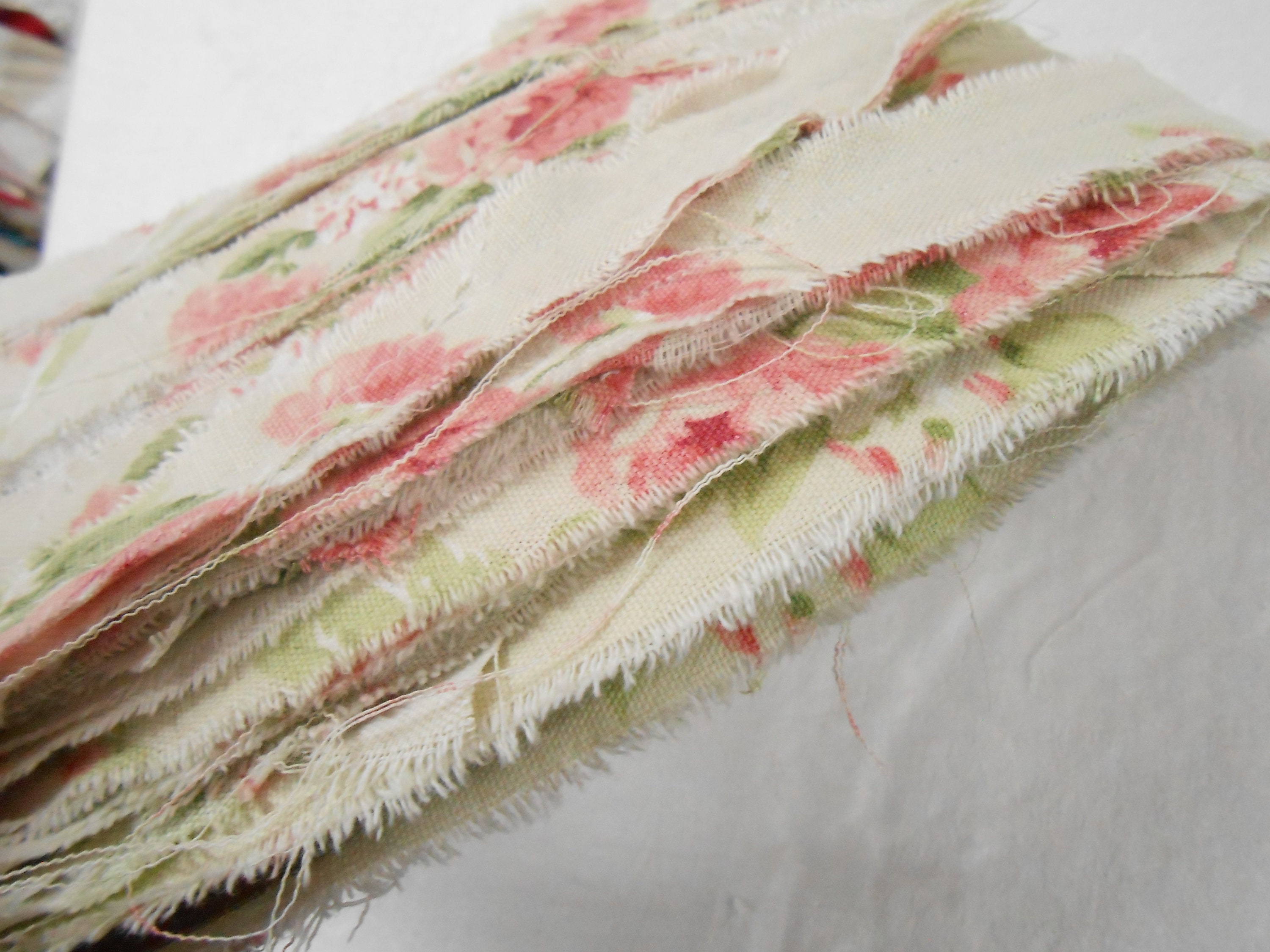 Shabby Rags PINK ROSES Floral Fabric Rag Ribbon Artisan Shabby Cottage Chic Fiber ...