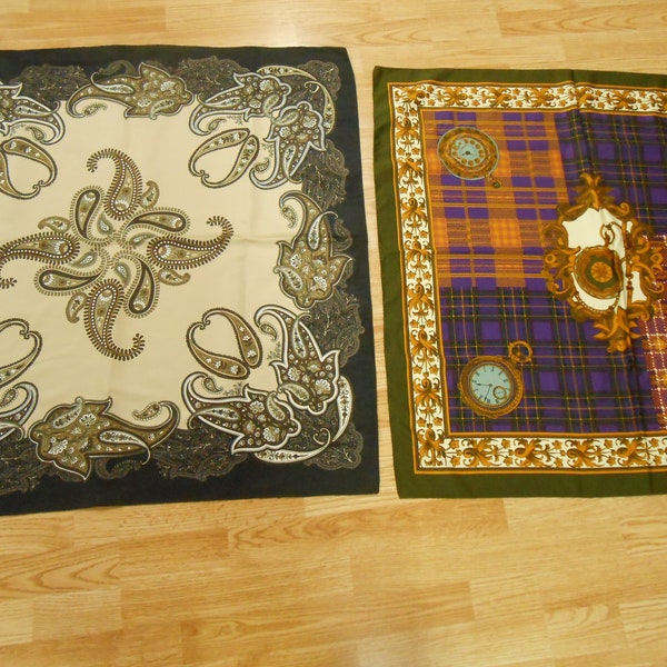 2 Vtg Elegant PAISLEY PLAID w/ WATCHES Large Square Polyester Scarf 35" Gold Black Purple Moss Green Beige White