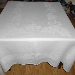 57x85 Vintage Antique FORMAL White on White Irish LINEN Double DAMASK Tablecloth