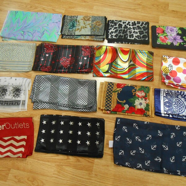 Lot of 15 Vintage DESIGNER Silk & Polyester rectangle scarves scarf  -  black blue red purple gray white orange