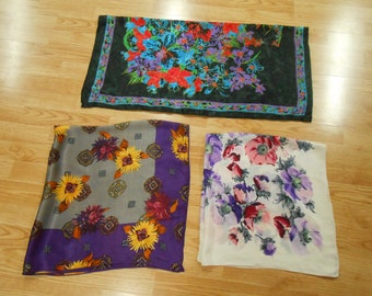 VTG Lot von 3 Schals Schwarz Lila Silber Designer Albert NIPPON Sally Gee SEIDE Großer quadratischer Schal 35 &quot;