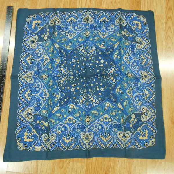 Vintage LIBERTY of LONDON Big Square Silk Scarf 27" FLORAL Blue Paisley Swirl Made in England