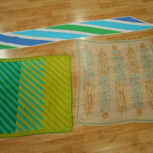 Vtg Retro lot of 4 Scarves Designer Vera NEUMANN Ladybug Square 27&quot; & Long Hair Scarf 66&quot; Lime Moss Green Aqua Teal Blue White brown Blue