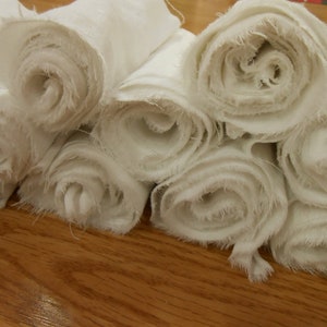 3 hand torn linen rolls for BASE Vintage white Irish LINEN Double DAMASK 4x85 inch snippet scrapbook Junk Journal fabric sewing supplies