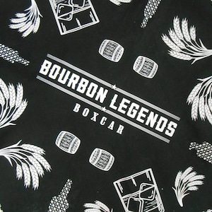 May include: Black bandana with white illustrations of whiskey bottles, wheat, ice cubes, and barrels. The text "Bourbon Legends Boxcar" is prominently displayed. The Jim Beam and Knob Creek logos are also visible.