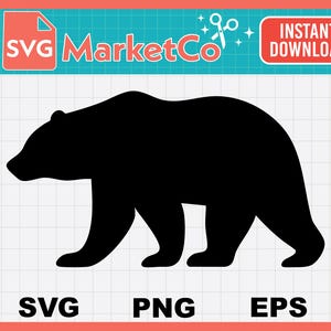 May include: A black silhouette of a bear walking to the right. The image is labeled with the text "SVG MarketCo" and "Instant Download". Below the bear are the words "SVG", "PNG", and "EPS". The background is a grid pattern.