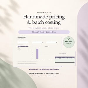 Puede incluir: Una plantilla digital de hoja de cálculo de Microsoft Excel para precios artesanales y costes por lote de Hillview Edit. La interfaz incluye campos de entrada editables, un gráfico de barras para la preparación de lotes y hojas de cálculo.