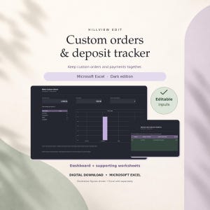 May include: A digital custom orders and deposit tracker template for Microsoft Excel in a dark edition. The interface displays a dashboard with order summaries, a bar chart, and a secondary worksheet for production deadlines with editable inputs.