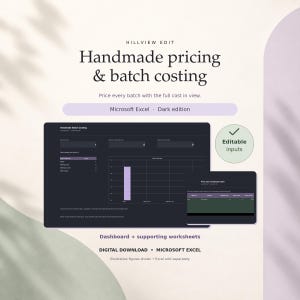 May include: A digital Microsoft Excel template for handmade pricing and batch costing in a dark theme. The interface displays a dashboard with editable inputs, a bar chart, and supporting worksheets for calculating production costs and pricing.