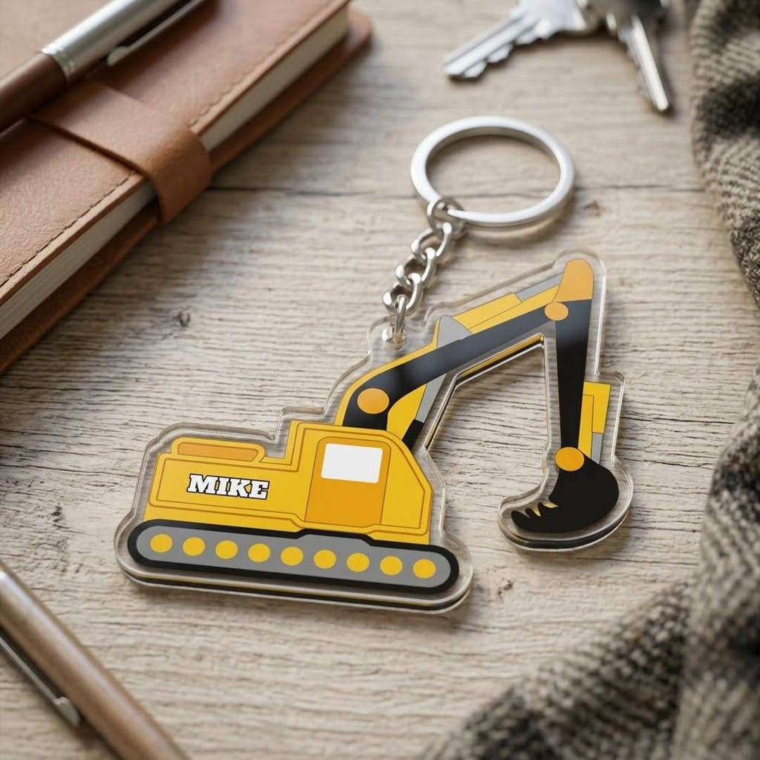 Digger Key Chain Custom Excavator Keychain, Personalized Digger Name Bag Tag, Boys ...