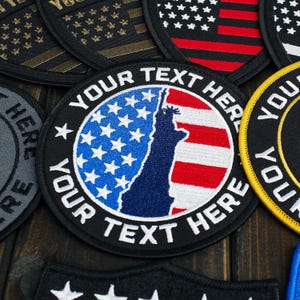 Custom American Flag Patch, Personalized Statue of Liberty Embroidered Applique, USA Patriotic Round Morale Patch, Iron On Sew On Hook Loop