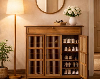 Luxus-Schuhschrank aus Holz - Schlanke Eingangsbereich-Aufbewahrungsbank mit Lattentüren, moderner Flur-Organizer, verstecktes Schuhregal für kleine Räume