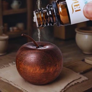 Peut inclure: Un diffuseur d'huiles essentielles en forme de pomme marron avec une tige foncée. Une bouteille d'huile essentielle verse un filet d'huile sur le diffuseur. Le diffuseur est posé sur un tissu blanc, avec un arrière-plan flou.