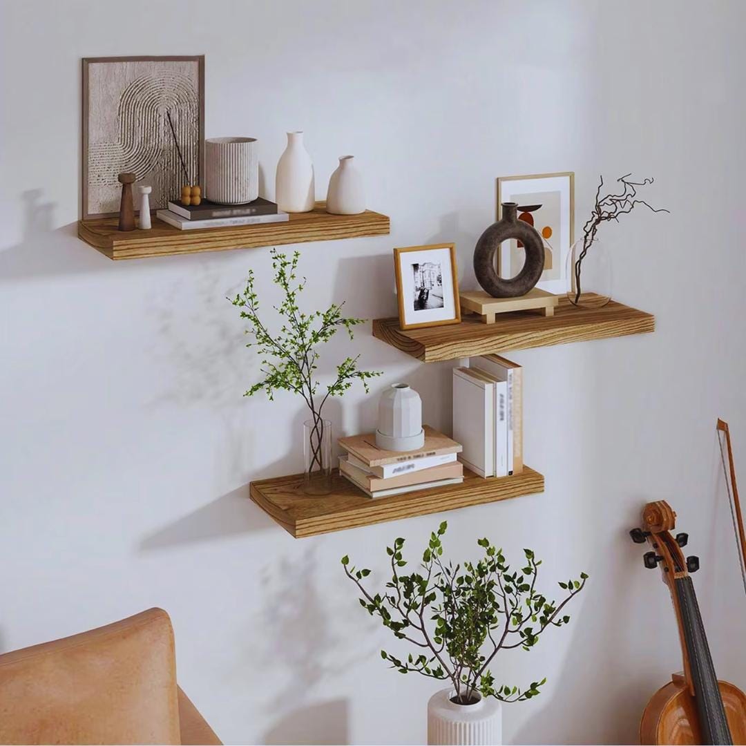Rustic Floating Wood Shelf Set – Natural Wall Shelves for Bedroom ...