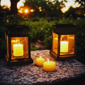 Puede incluir: Dos faroles negros con velas amarillas encendidas dentro y dos velas amarillas encendidas adicionales están sobre una superficie de piedra. Los faroles tienen forma rectangular con paneles de vidrio.