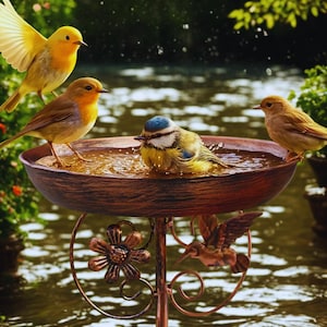 May include: A bronze bird bath with four birds. One bird is bathing in the water, while the others perch on the edge. The bird bath has a floral and hummingbird design on the stand.