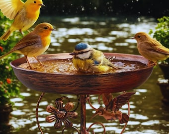 Vintage Metal Bird Bath · Rustic Garden Water Bowl · Outdoor Decor for Birds & Wildlife