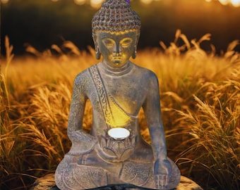 Słoneczna figurka Buddy do ogrodu – dekoracja zen na zewnątrz, ozdoba do medytacji