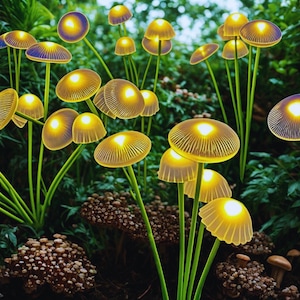 Può includere: Un'immagine vibrante di luci a fungo luminose in un rigoglioso giardino verde. I cappelli dei funghi sono di un giallo caldo, con una sottile tonalità viola sui bordi. Gli steli sono di un verde brillante, creando una scena stravagante e incantevole.