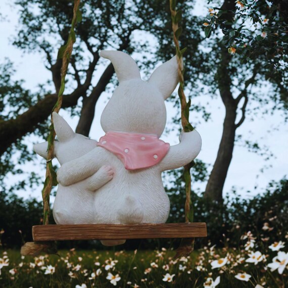 Rabbit Garden Swing Statue With Rope Seat, Bunny Figurine Decor