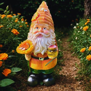 May include: A garden gnome statue with a long white beard, holding a sunflower and a honey pot. The gnome wears an orange hat with bees, an orange tunic, green trousers, and black boots. The word "honey" is on the pot.