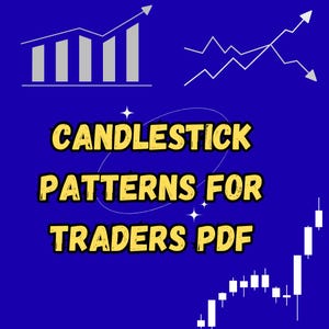 Puede incluir: Gráfico azul con texto amarillo y blanco "CANDLESTICK PATTERNS FOR TRADERS PDF". La imagen incluye gráficos de líneas blancas e ilustraciones de gráficos de velas, lo que sugiere un tema financiero o comercial.