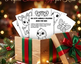 Libro para colorear de animales navideños para niños / 100 lindas páginas para colorear de animales / Libro para colorear imprimible para niños / Regalo de Navidad para niños pequeños y niños